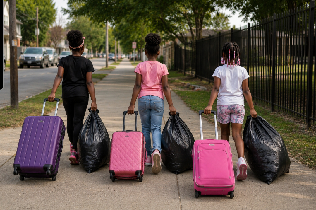 Three young girls pulling tashbags and suitcases.